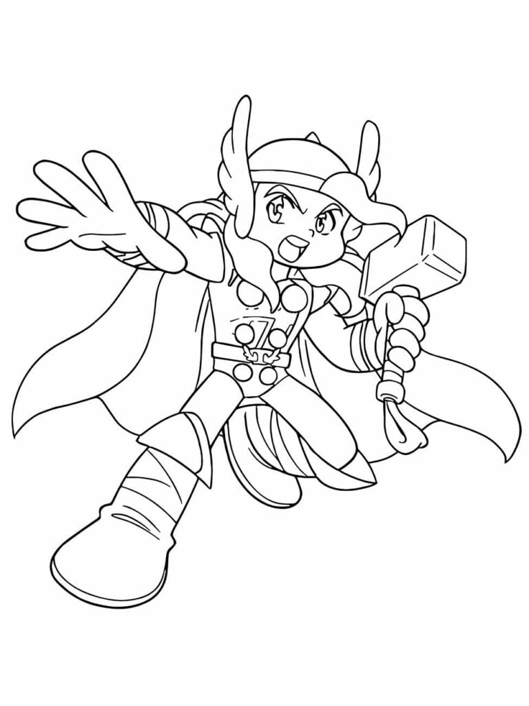 Desenho para colorir de uma versão chibi do Thor, com o martelo Mjölnir estendido e expressão alegre.