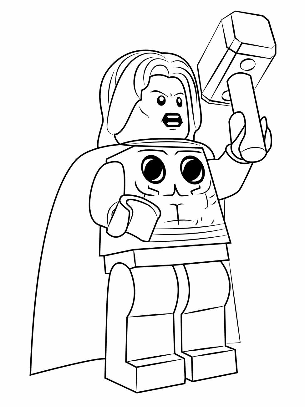 Desenho para colorir de Thor em estilo Lego, com expressão séria, segurando o Mjölnir.