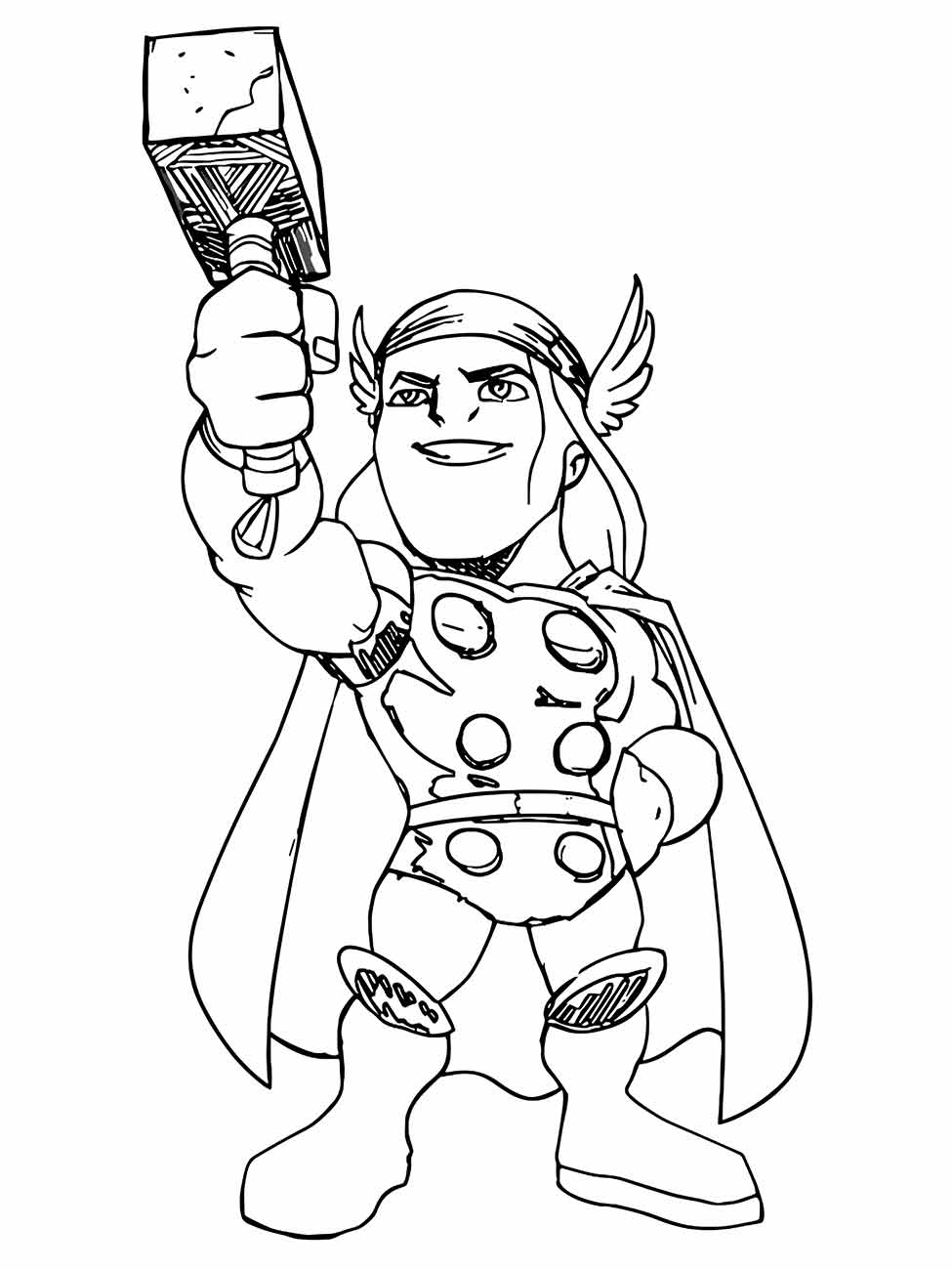 Desenho para colorir do Thor com expressão determinada, segurando o martelo Mjölnir, em estilo caricato.