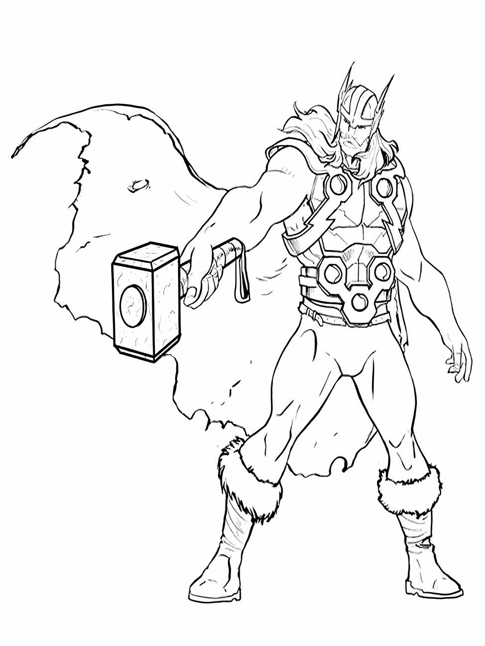 Desenho para colorir do Thor em pose heroica, segurando seu martelo, Mjolnir, com a capa esvoaçante, inspirado na série de quadrinhos da Marvel.