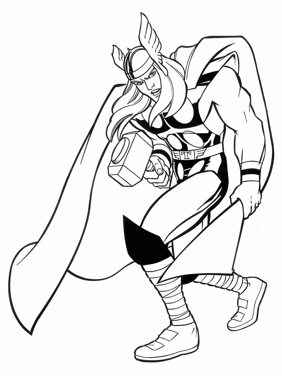 Desenho para colorir de Thor avançando agressivamente com o Mjolnir em punho, inspirado em sua aparição nos quadrinhos da Marvel.