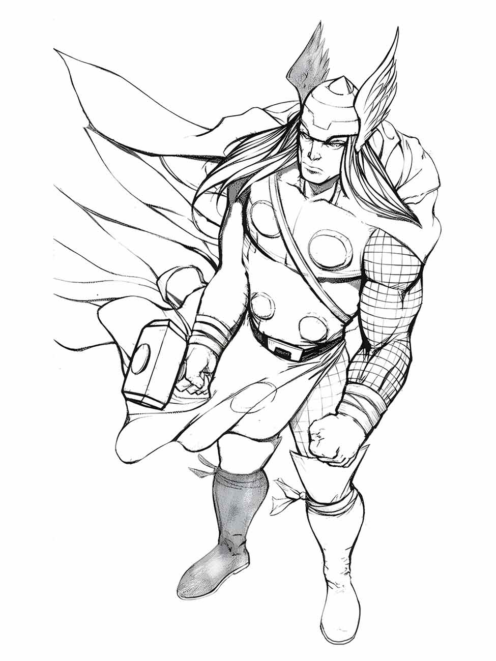 Desenho para colorir de Thor em uma pose dinâmica de batalha, com a capa flutuando e o Mjolnir erguido, baseado nos quadrinhos da Marvel.