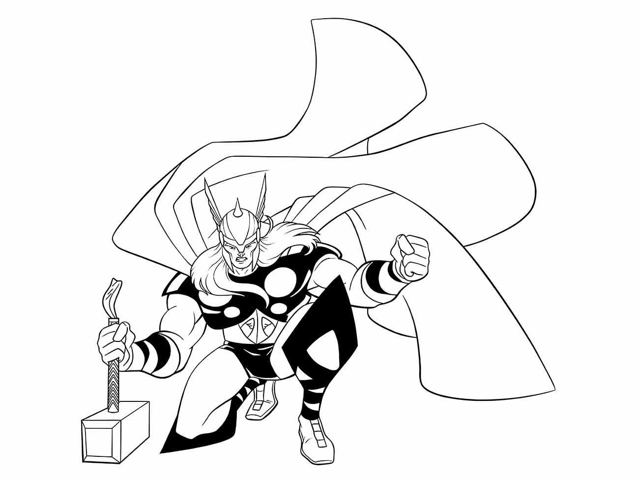 Desenho para colorir de Thor agachado com o Mjolnir, pronto para o combate, retratado em estilo dramático, como visto nos quadrinhos da Marvel.