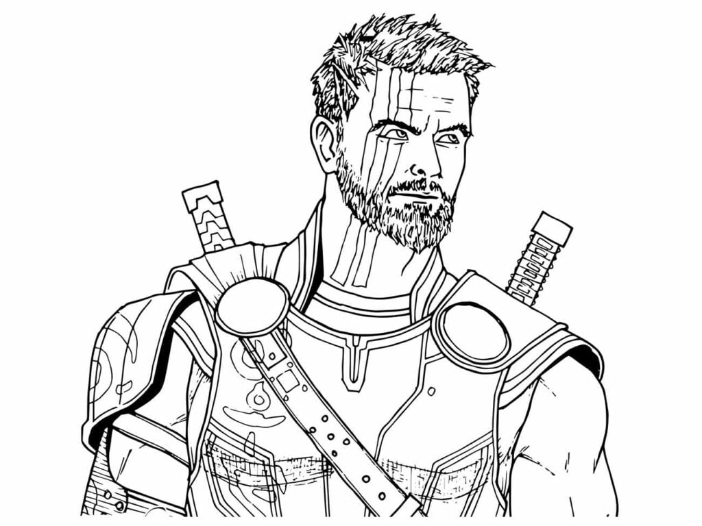 Desenho para colorir de um Thor estilo retrato, mostrando detalhes do rosto e traje de combate da série Marvel.