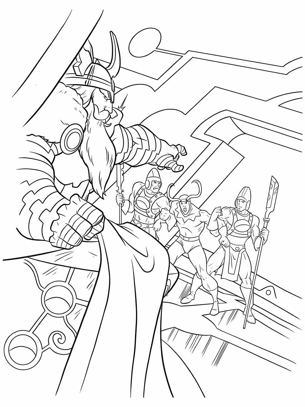 Desenho para colorir mostrando Thor e outros guerreiros asgardianos.