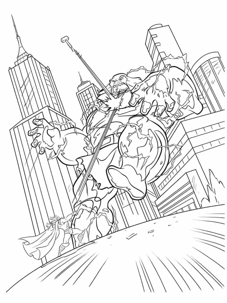 Desenho para colorir do Thor atacando monstros em uma cidade moderna.