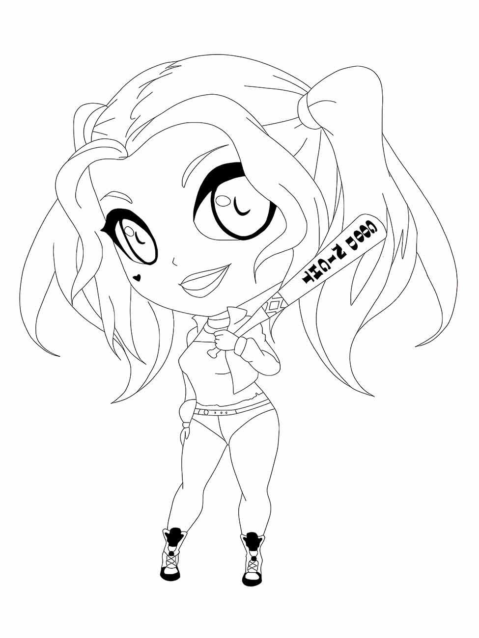 Desenho para colorir de Arlequina chibi segurando um taco de beisebol.