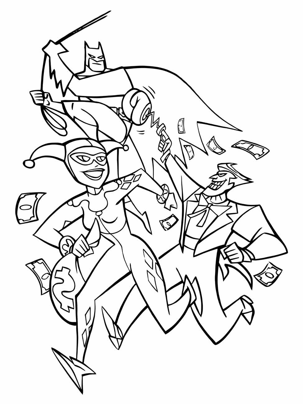 Desenho para colorir de Arlequina, Coringa e Batman em uma cena de ação.