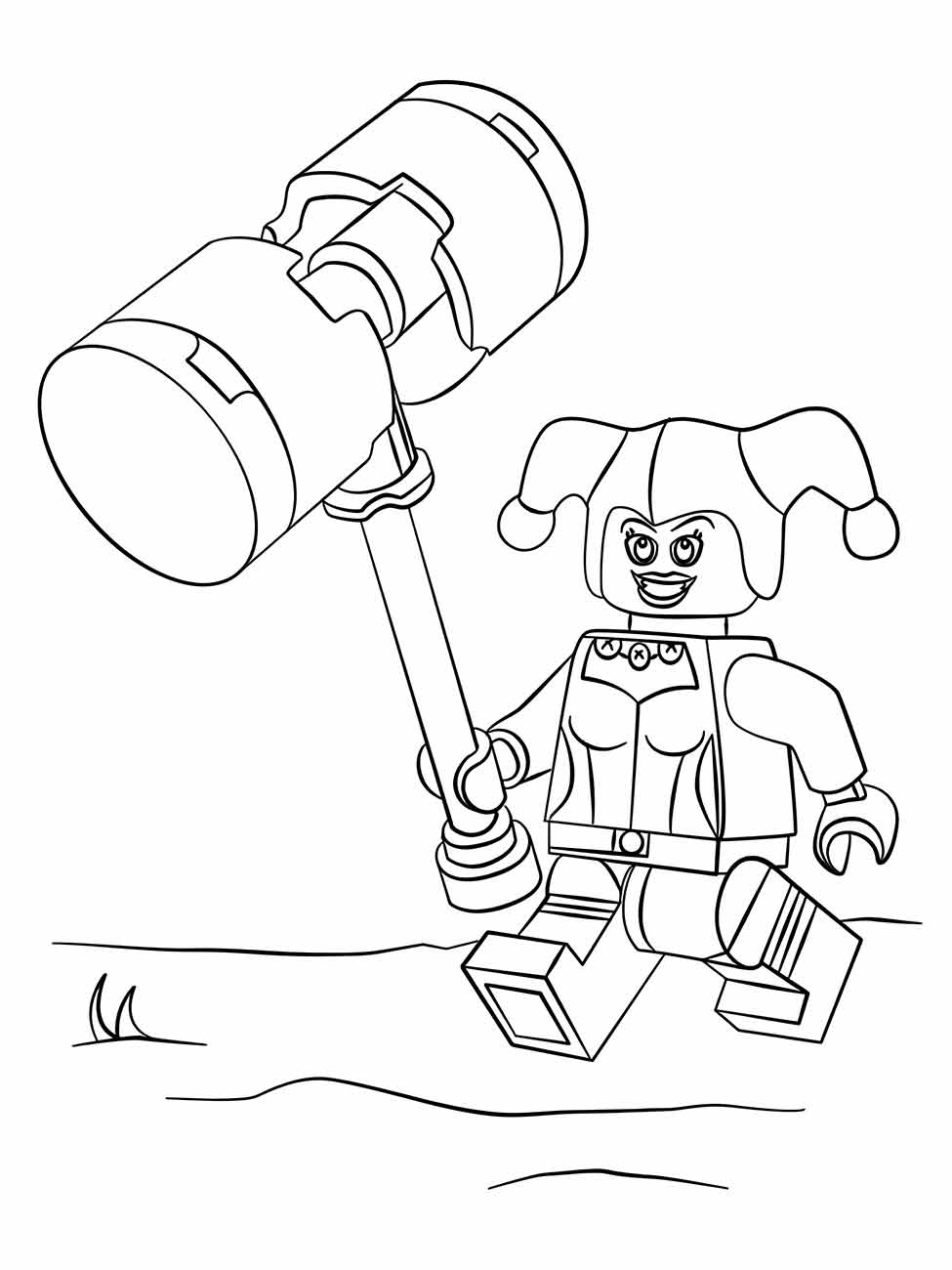 Desenho para colorir de Arlequina LEGO segurando um martelo grande.