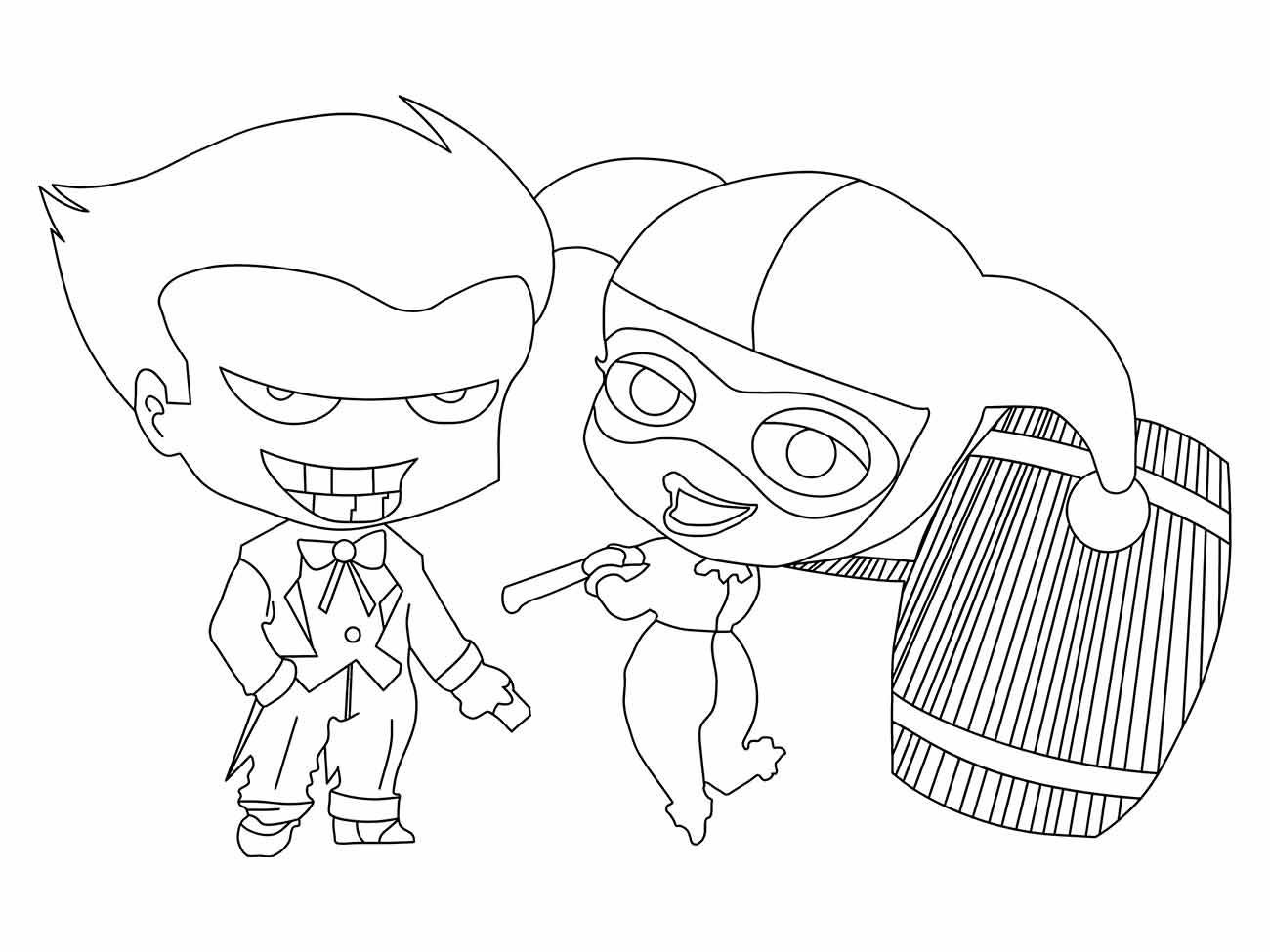 Desenho para colorir de Arlequina e Coringa em versão chibi.