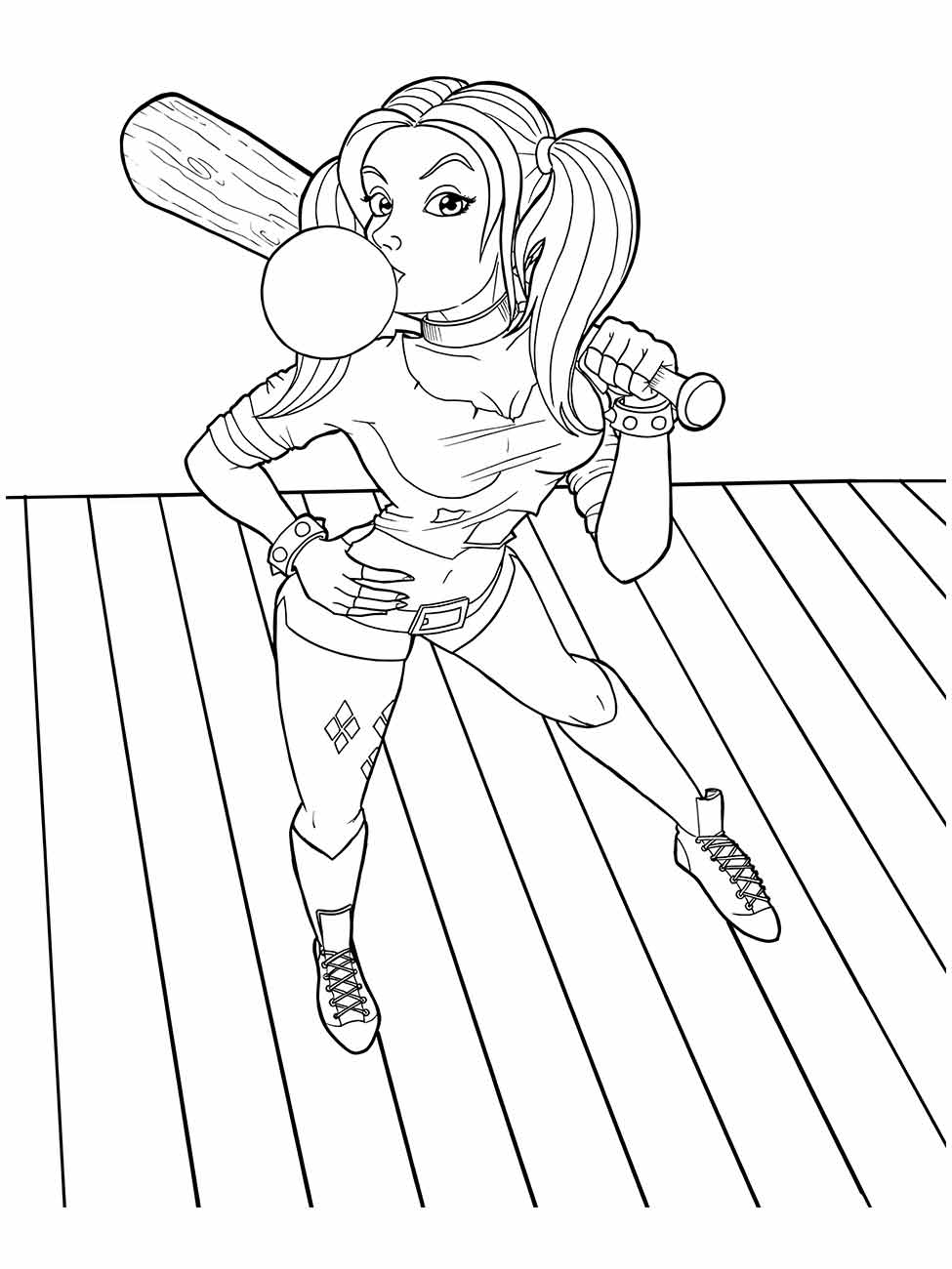 Desenho para colorir de Arlequina mascando chiclete e segurando um taco de beisebol.