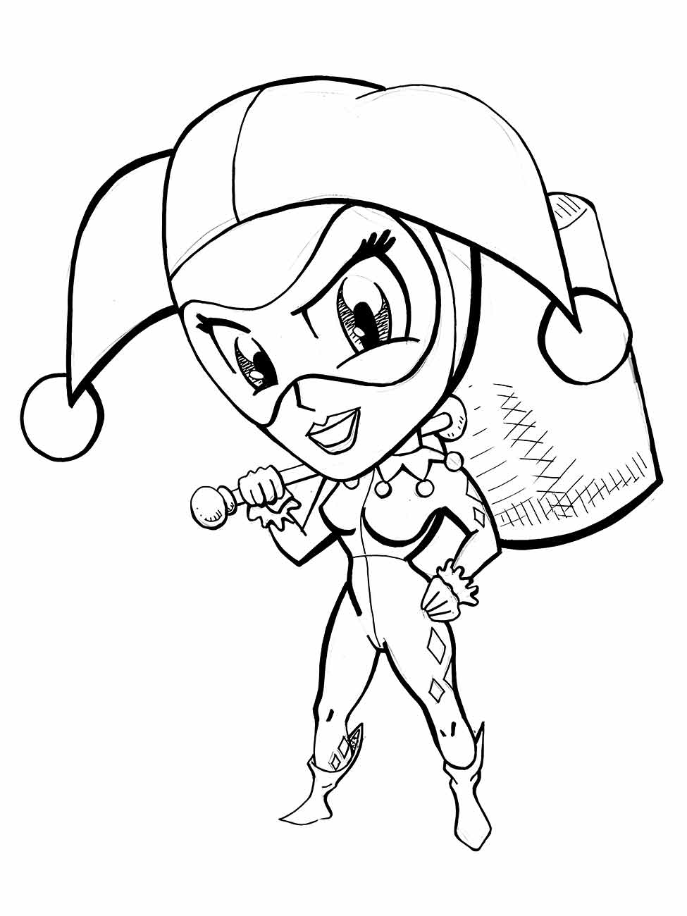 Desenho para colorir de Arlequina em estilo chibi segurando um martelo.