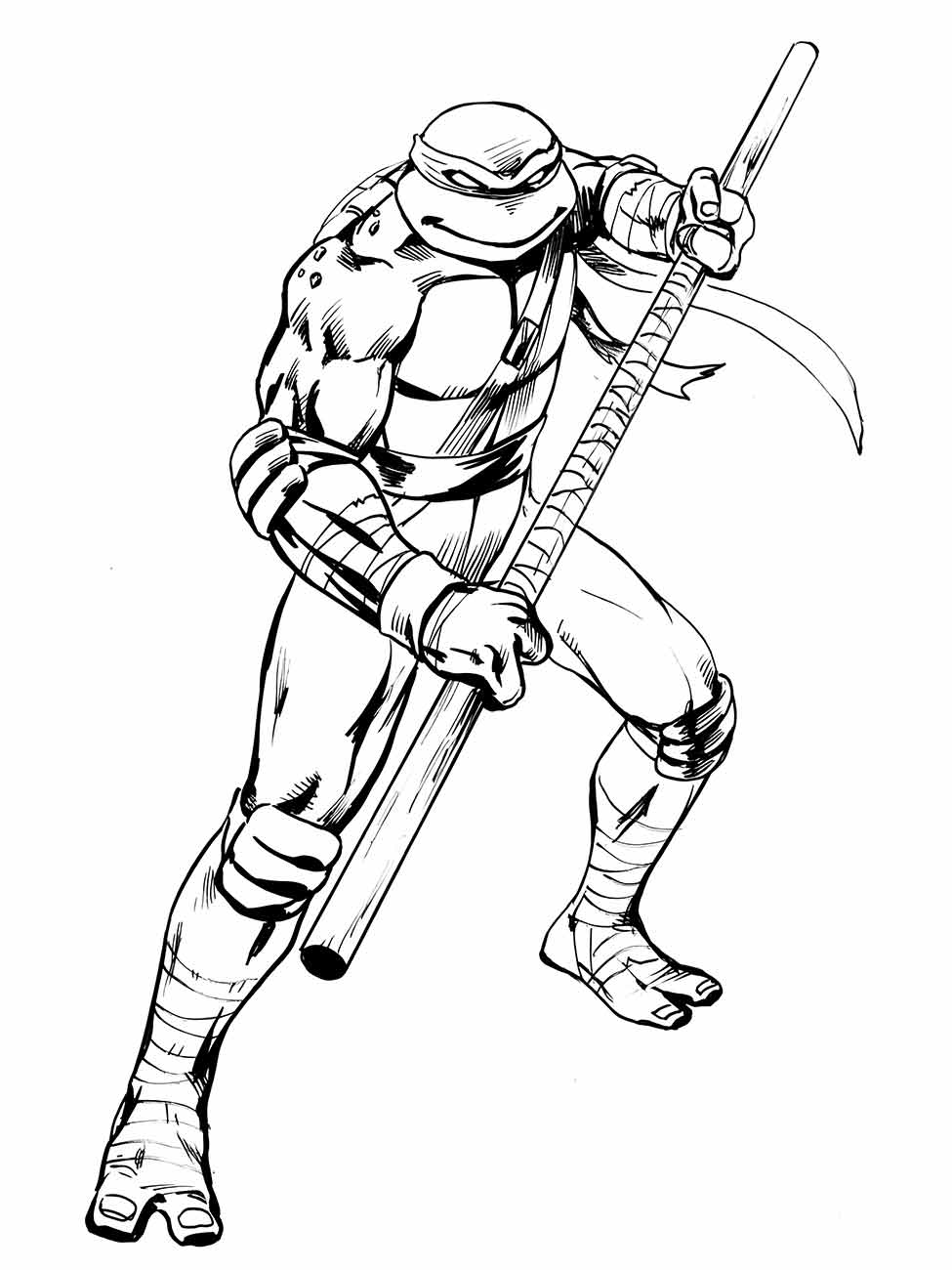 desenho para colorir de Donatello de tartaruga ninjas com bastão em posição de ataque.