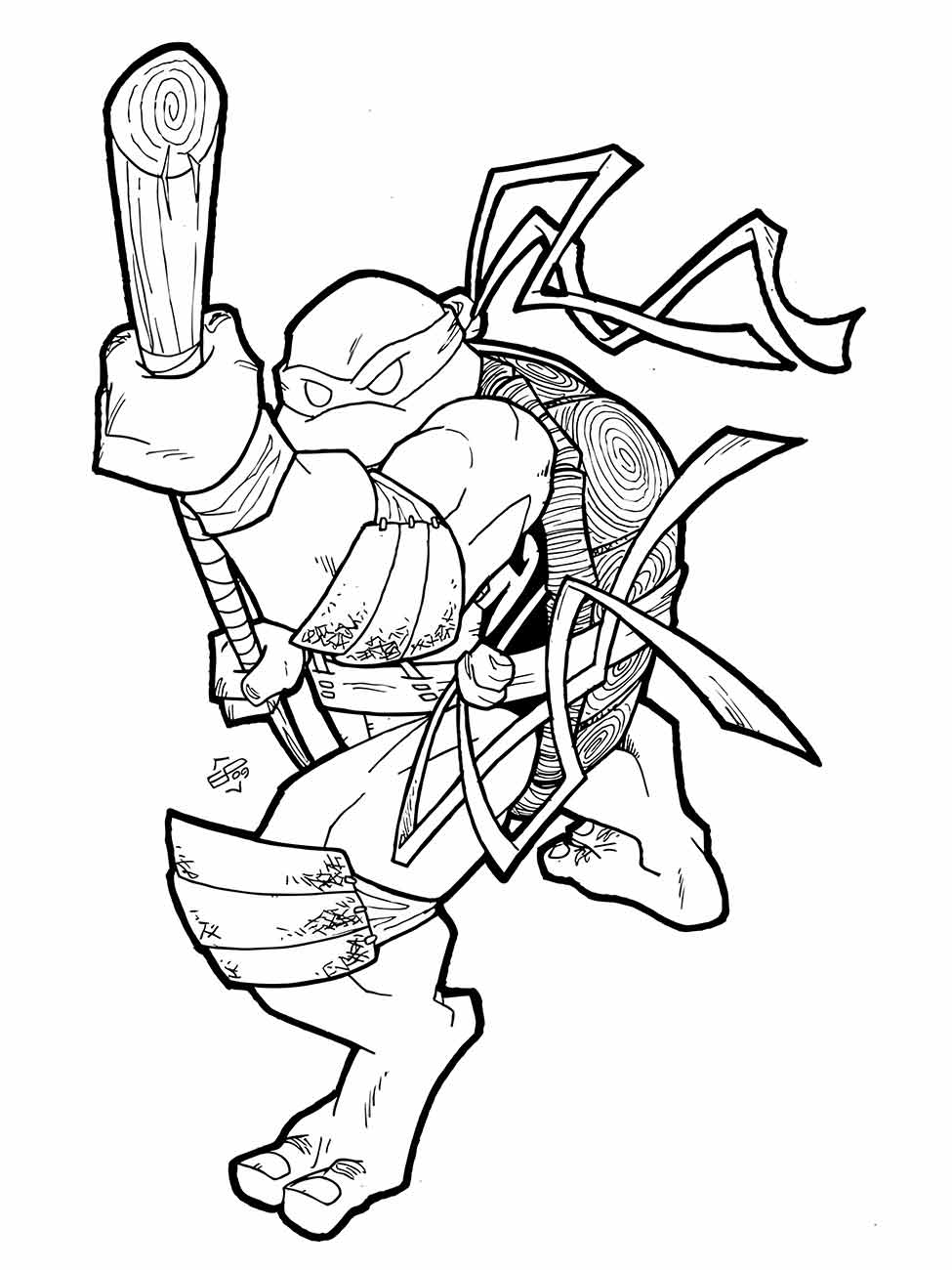 desenho para colorir de Donatello de tartaruga ninjas em posição de ataque com bastão.