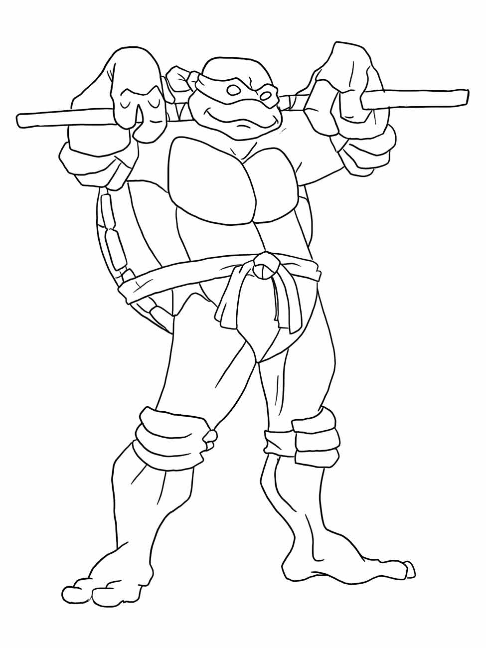 desenho para colorir de Donatello de tartaruga ninjas segurando o bastão com ambas as mãos.