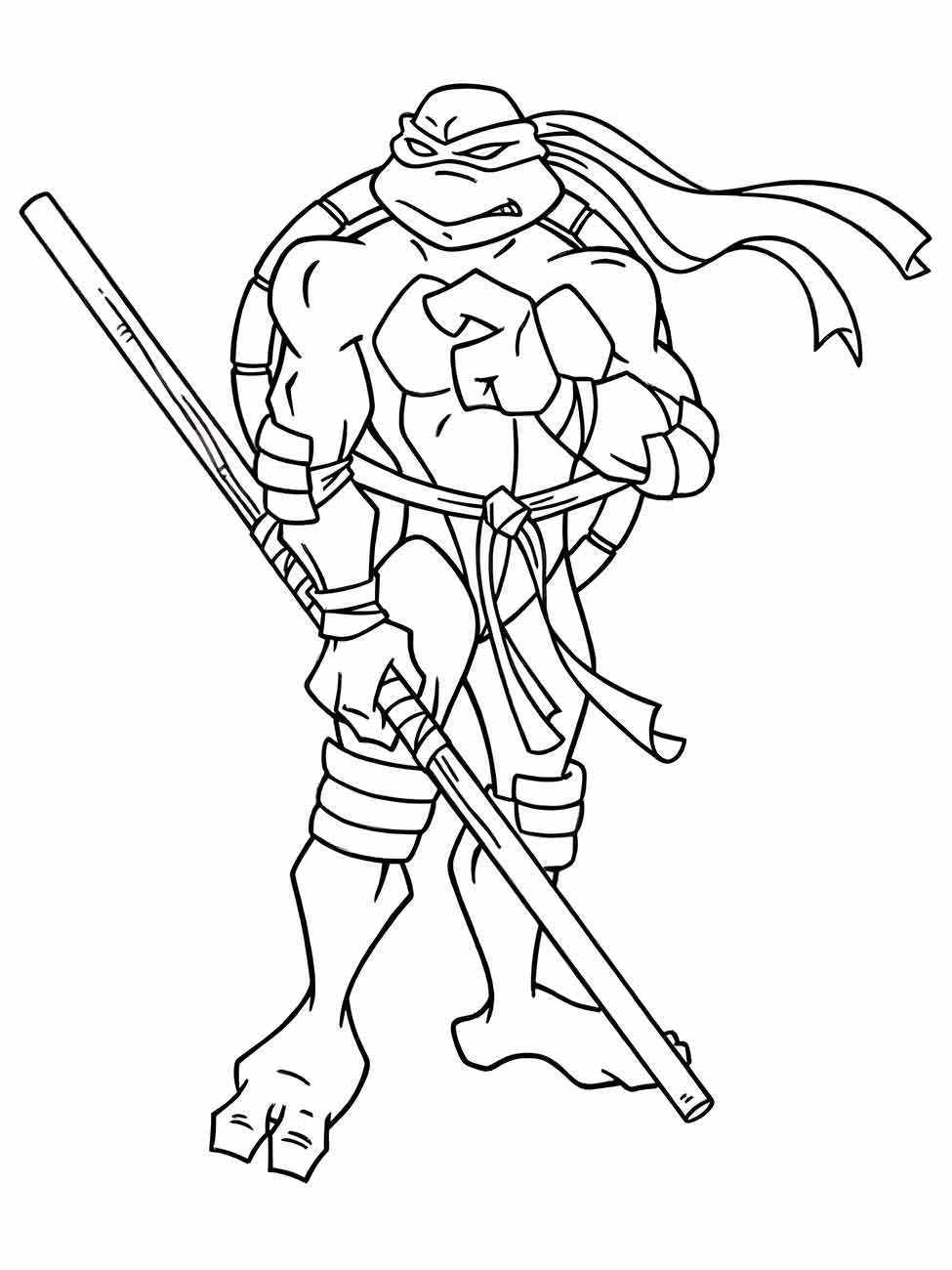 Donatello, uma tartaruga ninja com uma faixa roxa e segurando um bastão, desenho para colorir.