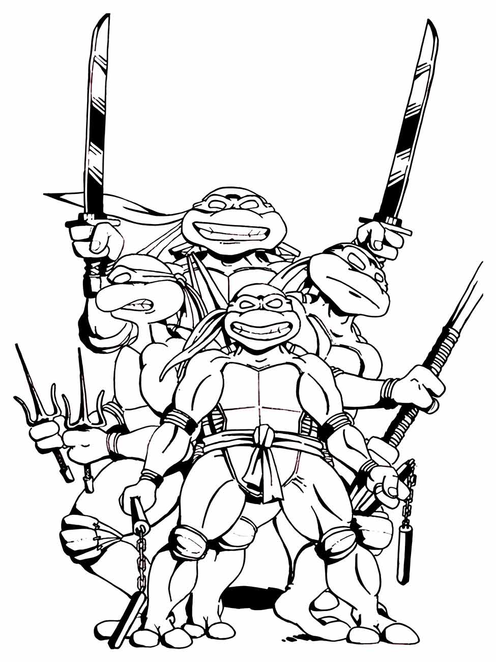 desenho para colorir das tartarugas ninjas em formação de combate.