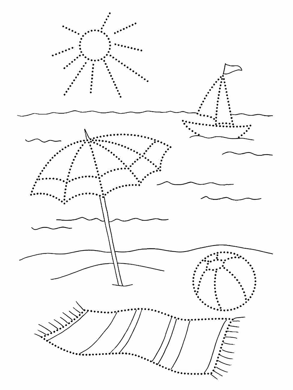 Cena de praia com guarda-sol, barco e bola; desenho para colorir.