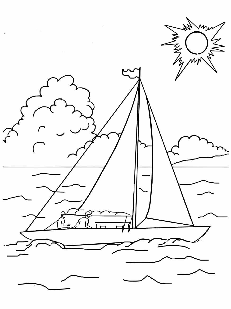 Barco à vela no mar com duas pessoas a bordo; desenho para colorir.