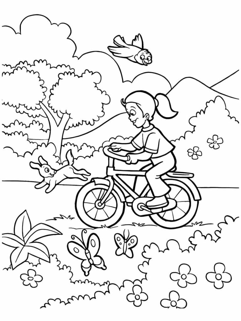 Menina andando de bicicleta no parque com coelho e borboletas ao redor; desenho para colorir.