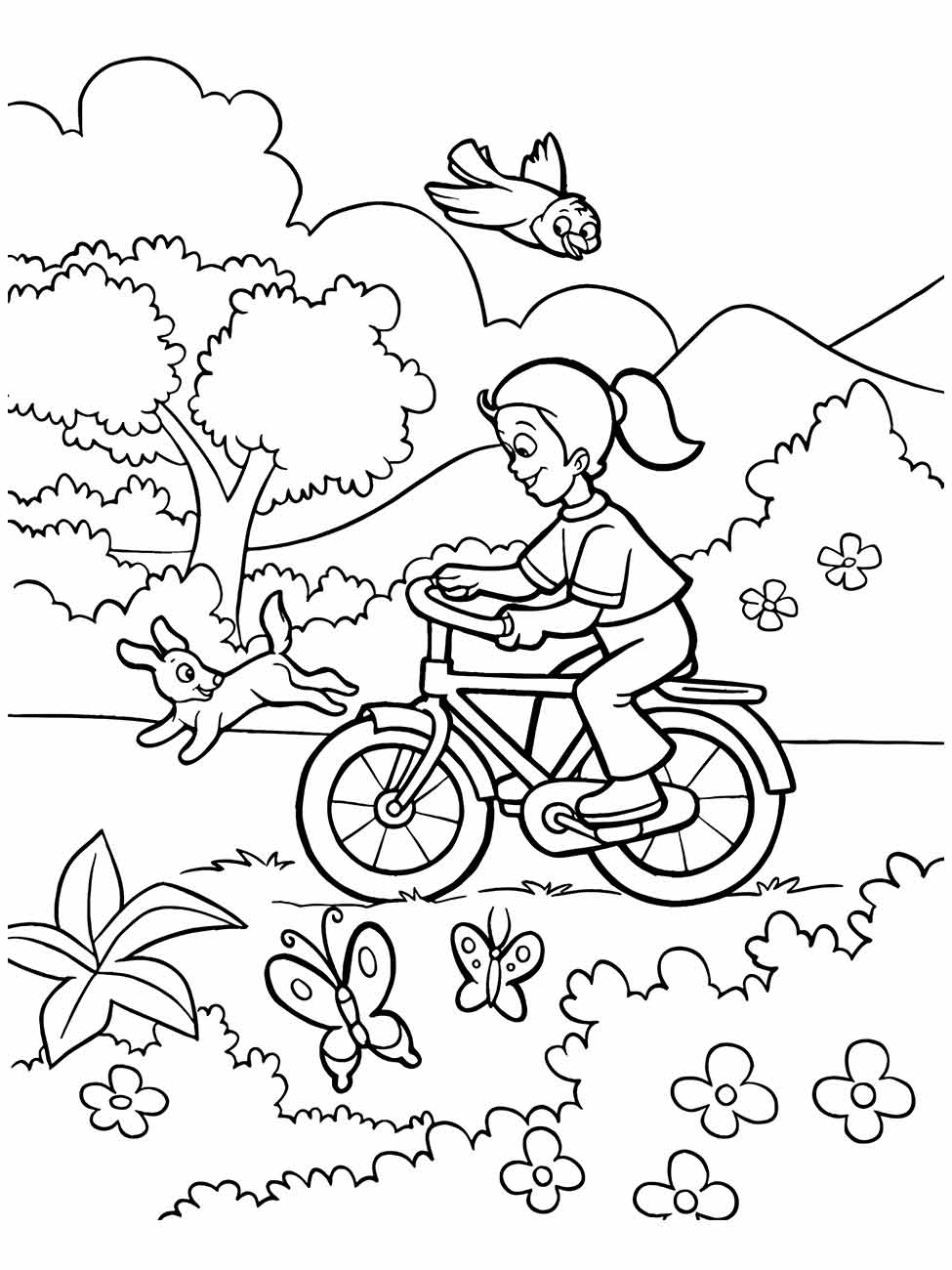 Menina andando de bicicleta no parque com coelho e borboletas ao redor; desenho para colorir.