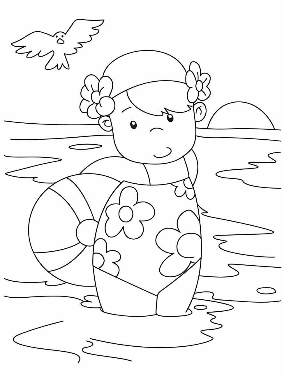 Desenho para colorir de uma menina com boia de flor ao pôr do sol