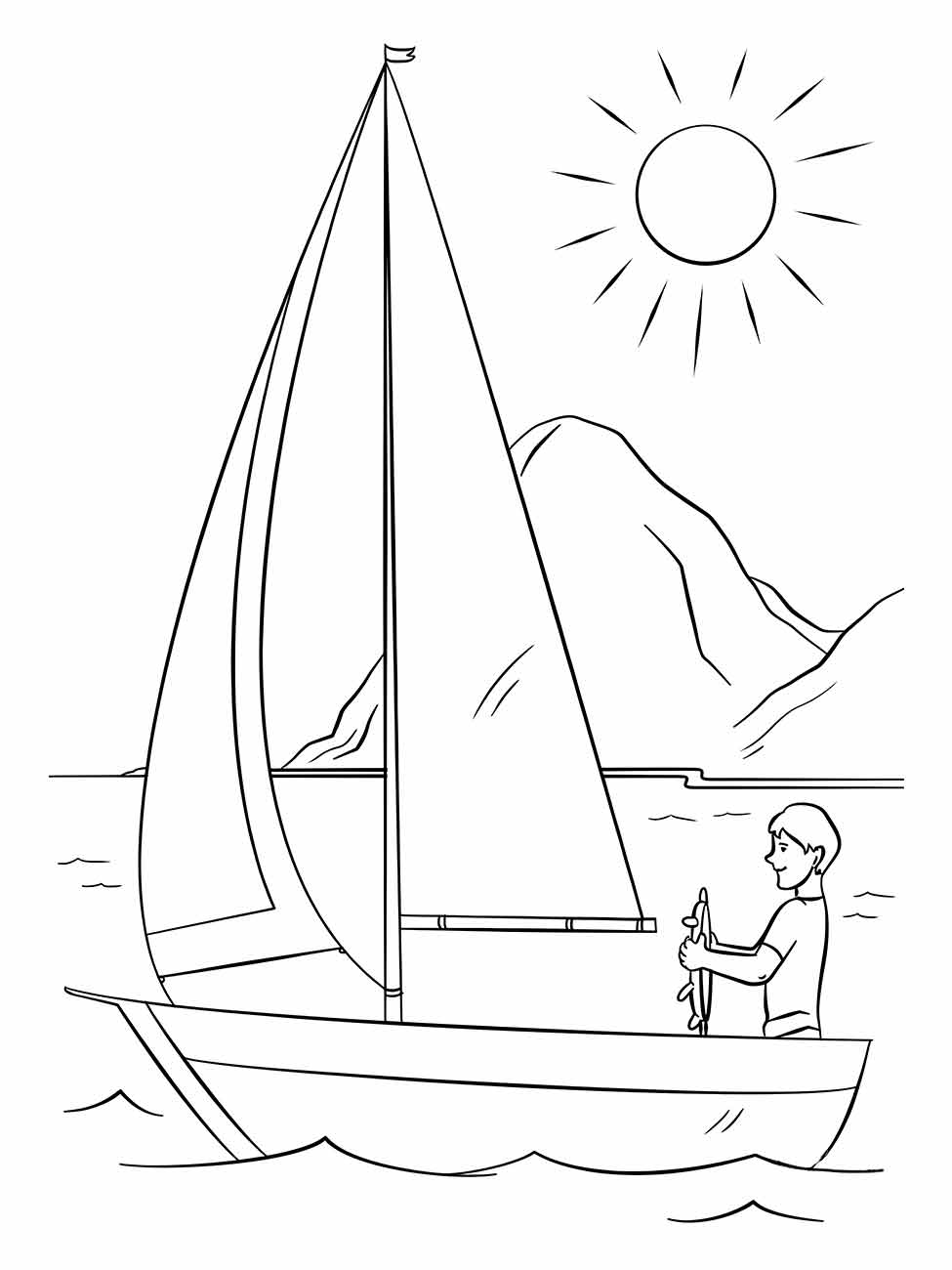 Desenho para colorir de uma pessoa navegando em um barco à vela.