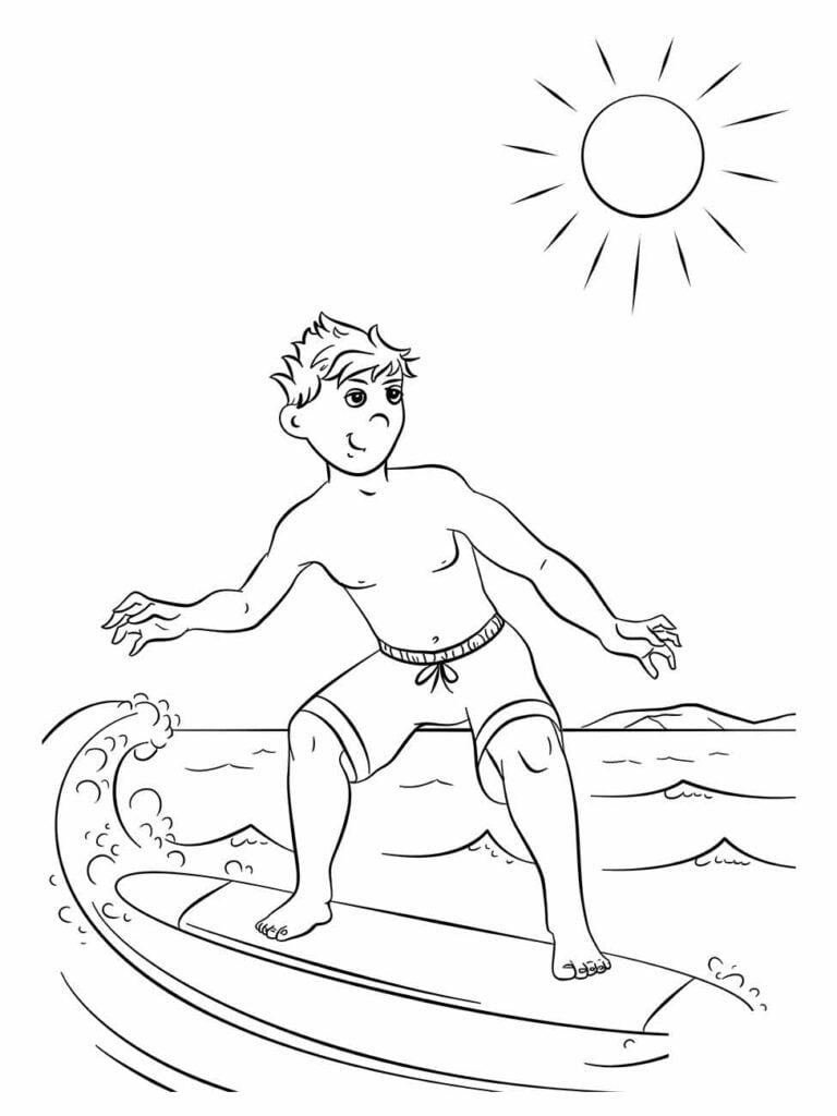 Desenho para colorir de um menino surfando sob o sol.