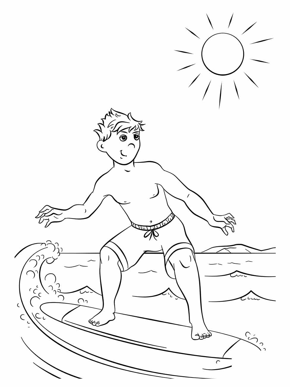 Desenho para colorir de um menino surfando sob o sol.