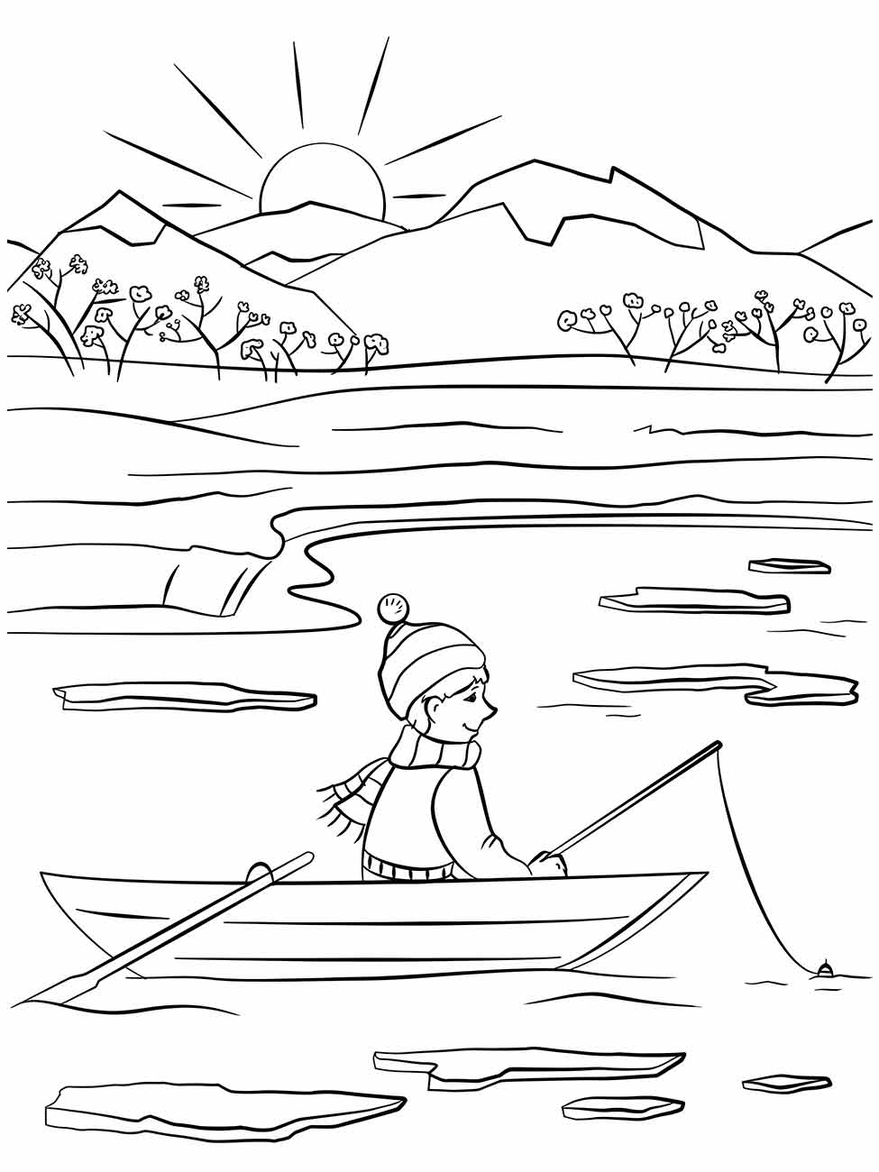 Desenho para colorir de um menino pescando em um lago com montanhas ao fundo.