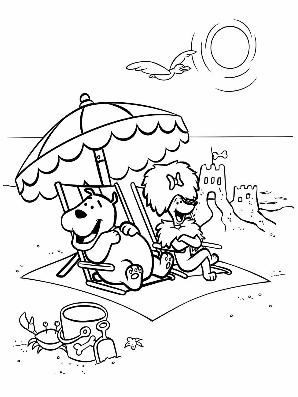 Desenho para colorir de dois personagens deitados em cadeiras de praia sob um guarda-sol.