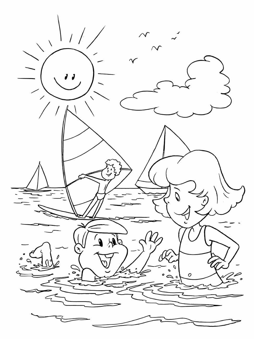 Desenho para colorir de duas crianças de férias, brincando no mar com barcos ao fundo.