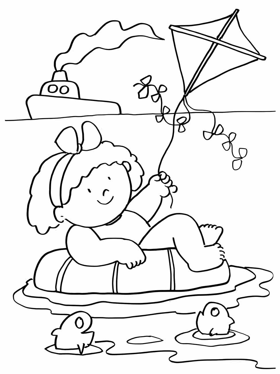 Desenho para colorir de uma menina de férias em uma boia com pipa e patinhos.