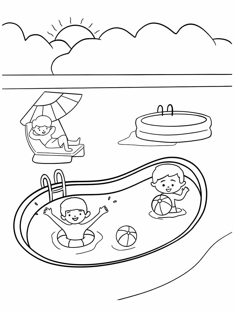 Desenho para colorir de crianças de férias brincando em uma piscina com bolas.