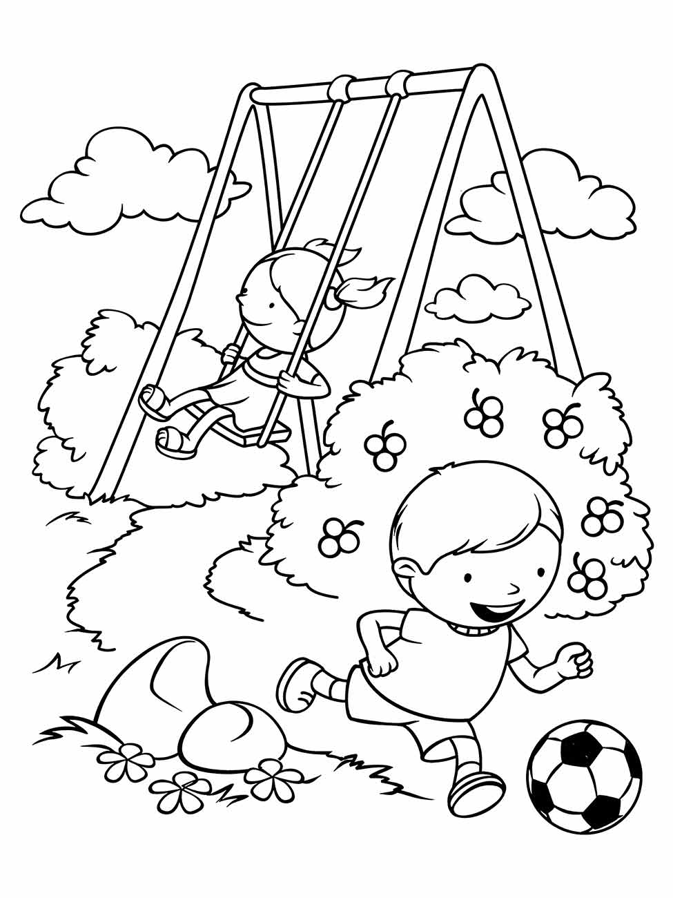 Desenho para colorir de uma menina no balanço e um menino jogando futebol.