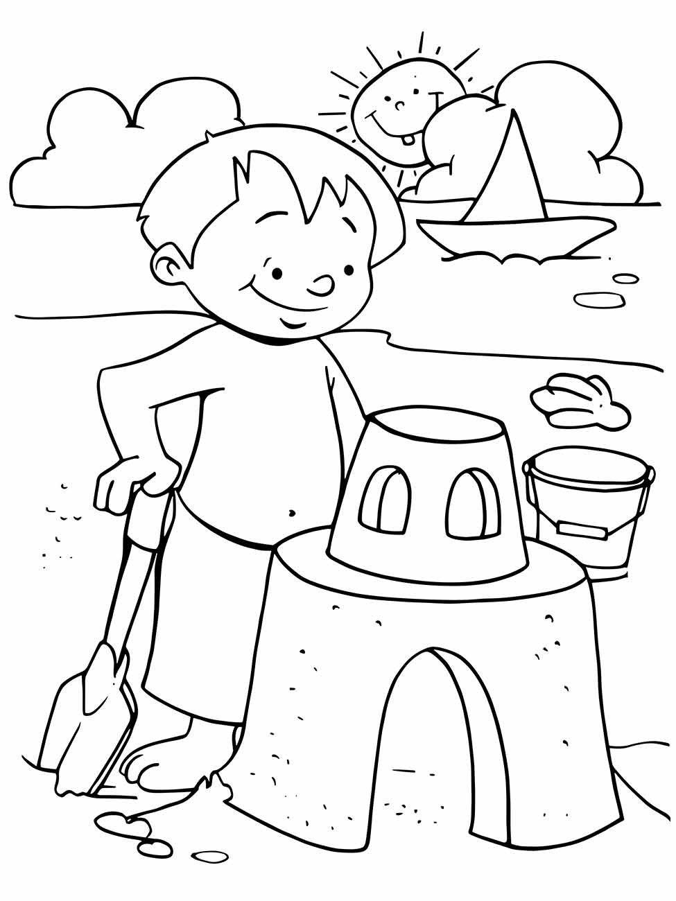 Desenho para colorir de um menino construindo um castelo de areia na praia.