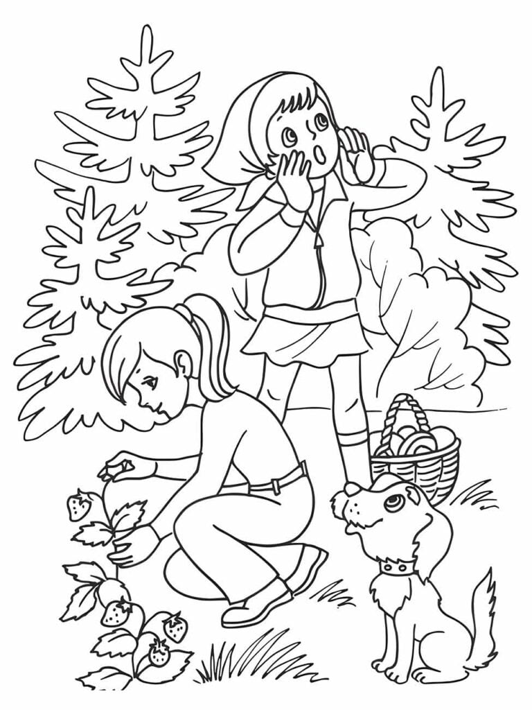 Desenho para colorir de duas meninas de férias colhendo frutas com um cachorro ao lado.