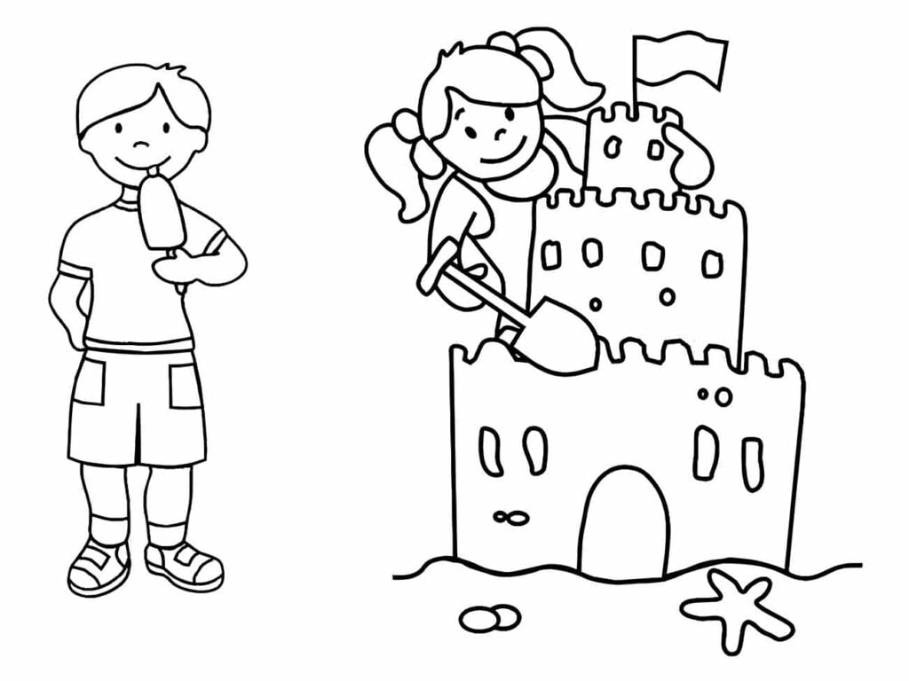 Desenho para colorir de um menino com picolé e uma menina fazendo castelo de areia.