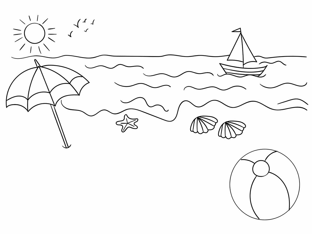 Desenho para colorir de uma praia com guarda-sol, barco e conchas.