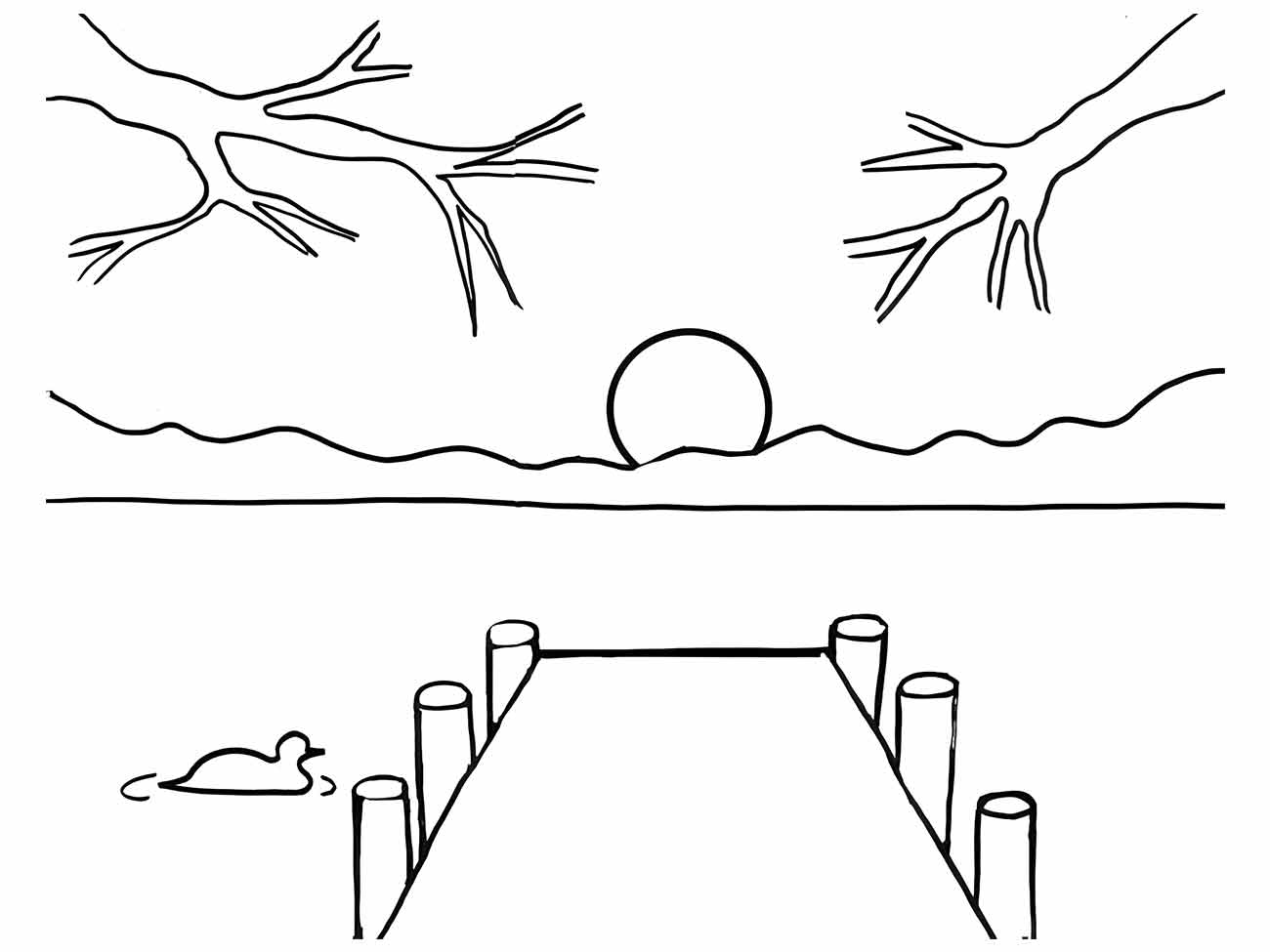 Desenho para colorir de um pôr do sol com um pato nadando e um cais.