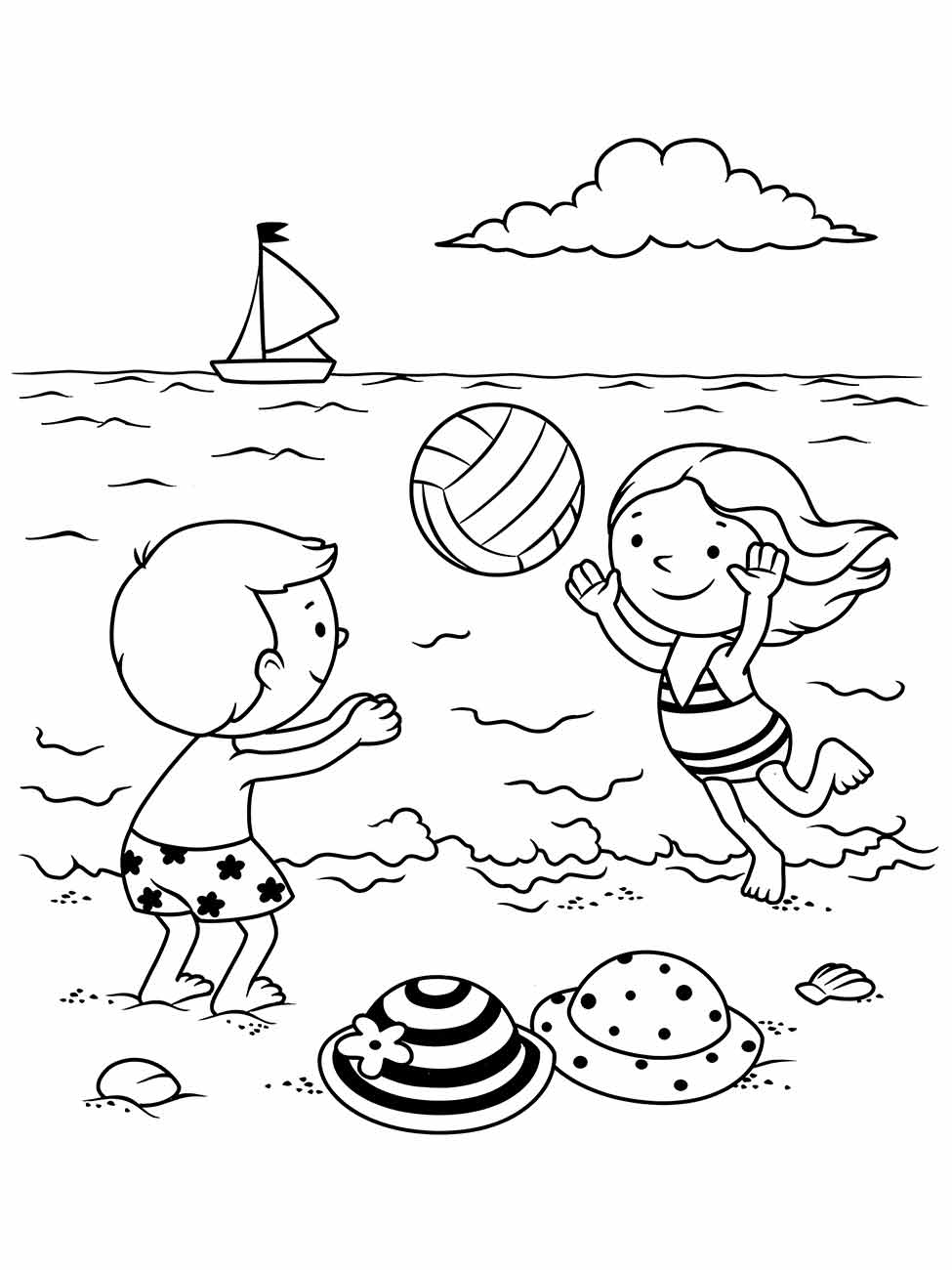 Desenho para colorir de duas crianças jogando bola na praia.