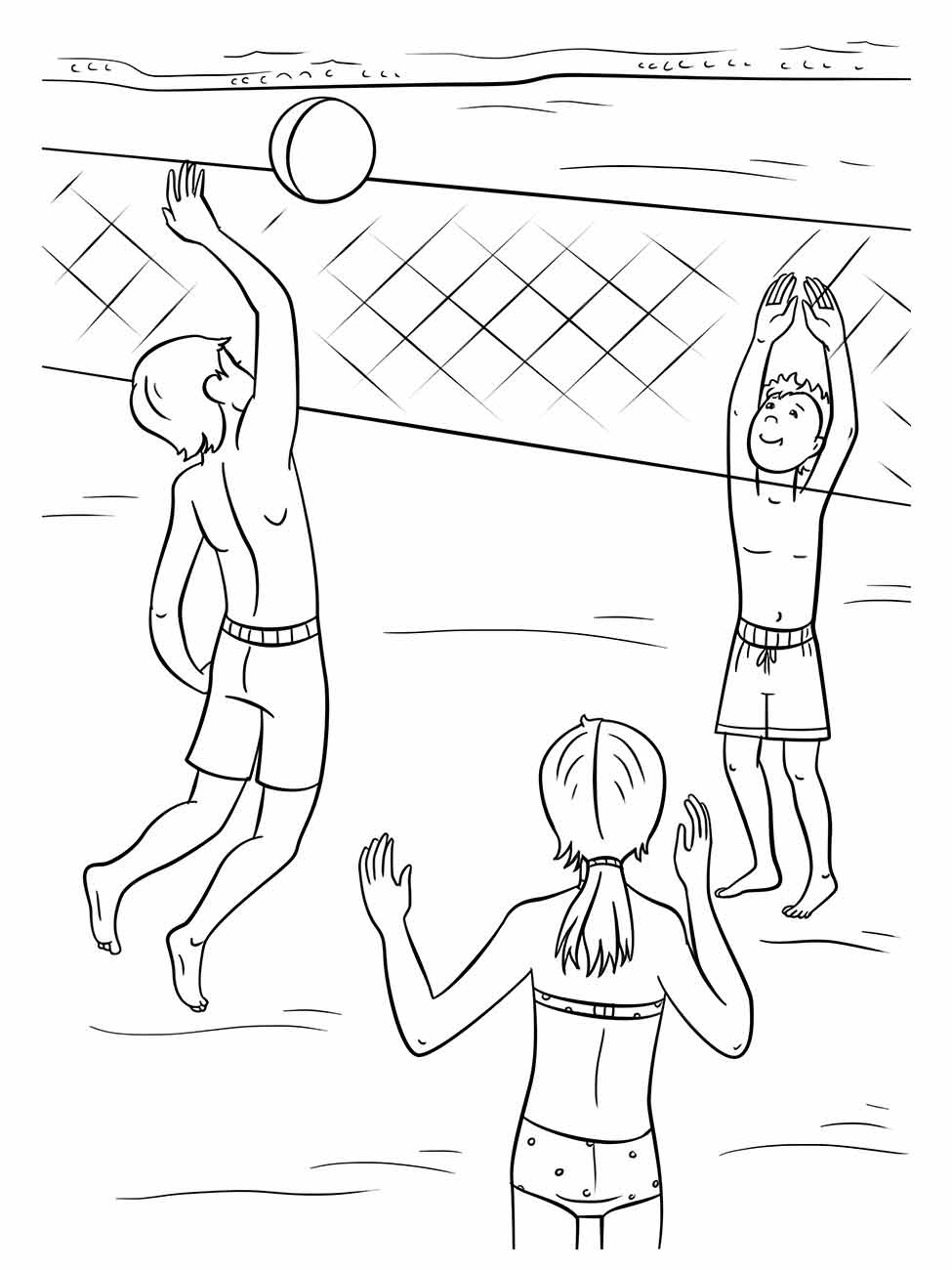 Desenho para colorir de três pessoas de férias jogando vôlei de praia.