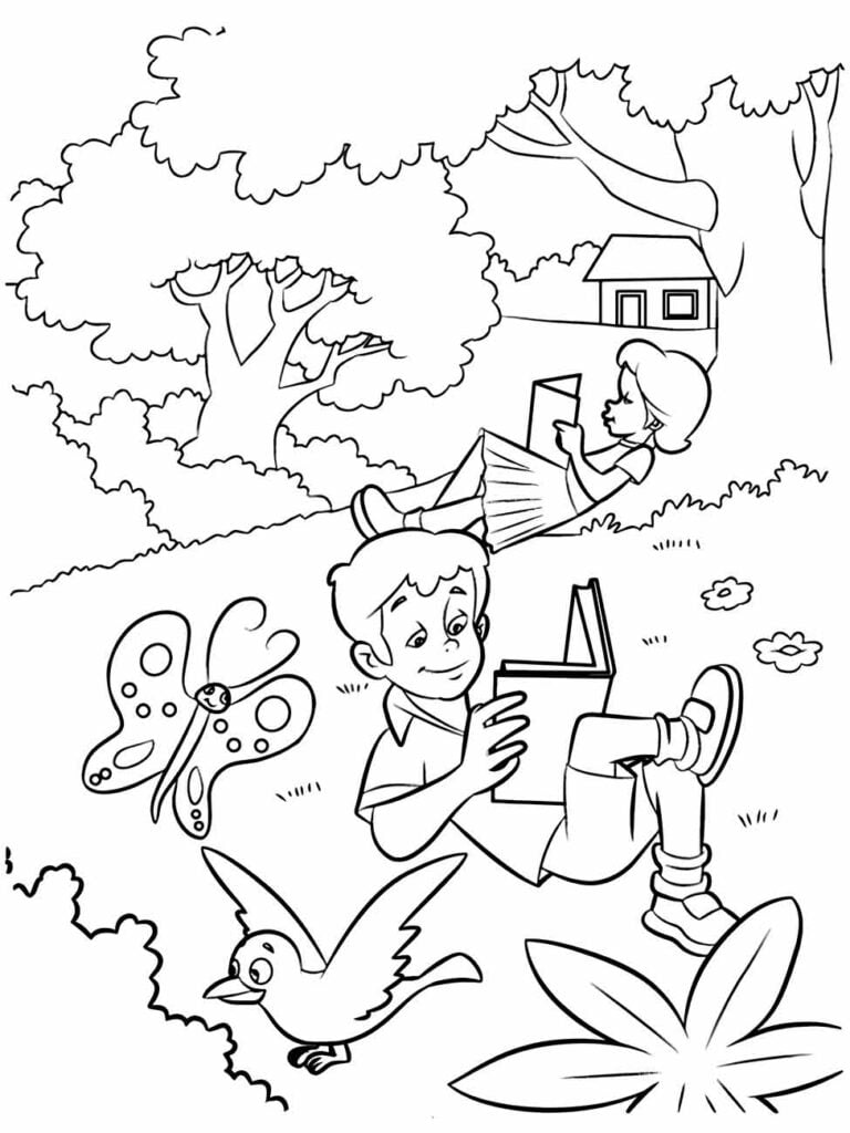 Desenho para colorir de duas crianças de férias, lendo livros no jardim com borboleta e pássaro.