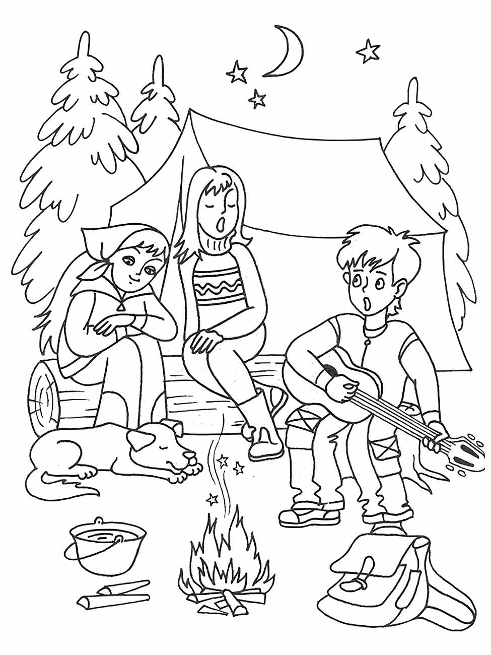 Desenho para colorir de três crianças de férias, acampando e cantando ao redor da fogueira.