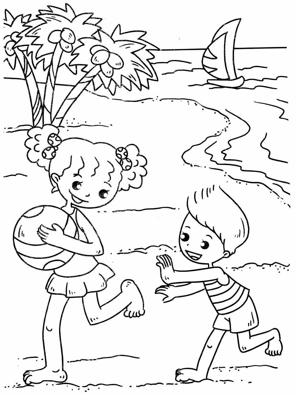 Desenho para colorir de duas crianças brincando na praia com bola e coqueiros.