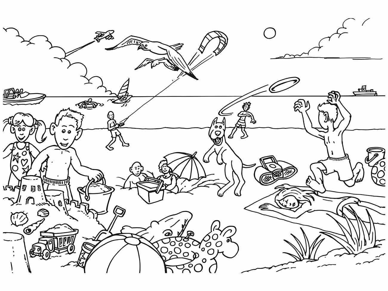 Desenho para colorir de várias pessoas e animais brincando na praia.