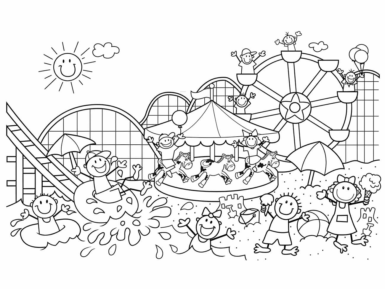 Desenho para colorir de um parque de diversões com roda-gigante e carrossel.