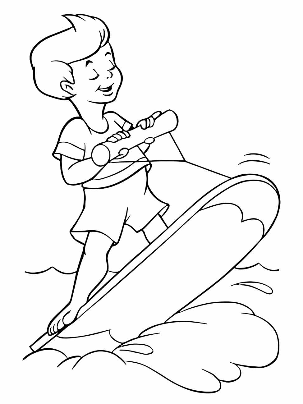 Desenho para colorir de um menino andando de jet ski.