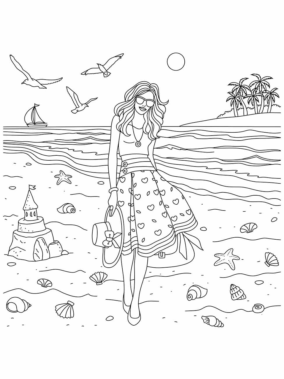 Desenho para colorir de uma mulher caminhando na praia.