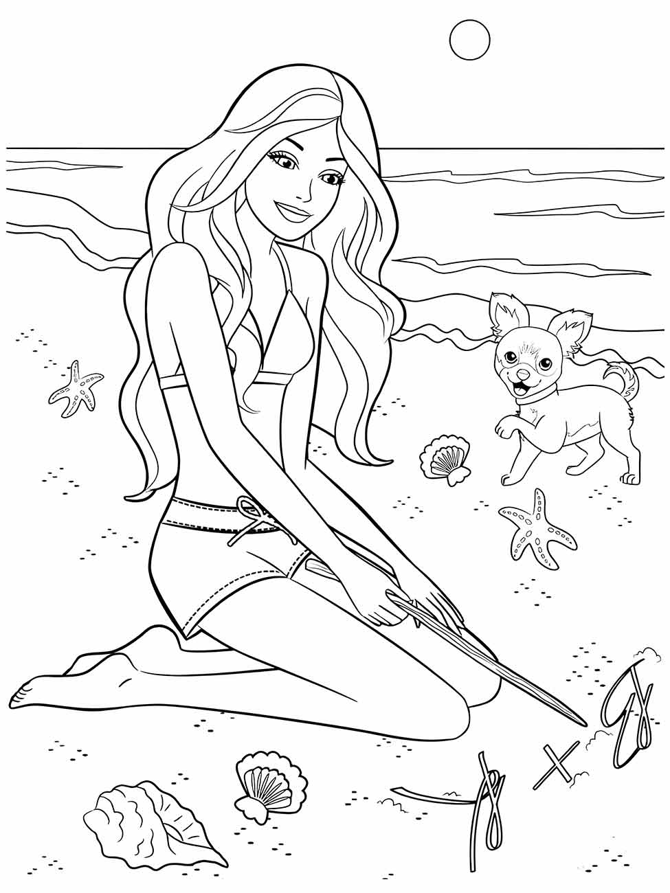 Desenho para colorir de uma mulher na praia com um cachorro.